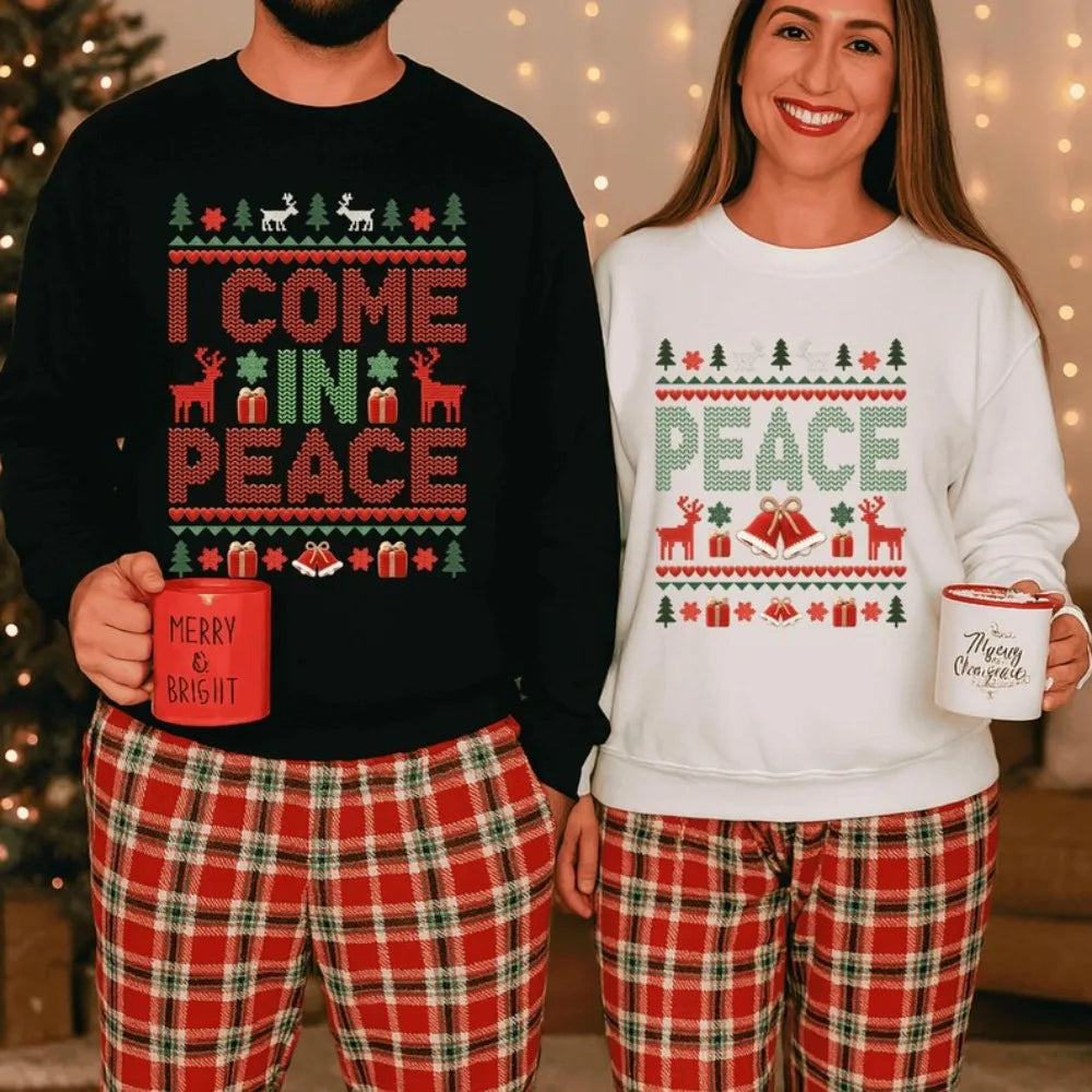 Funny Couples Christmas Hoodies – “I Come in Peace” Matching Holiday Sweatshirts for Couples, Unisex Pullover Xmas Gift