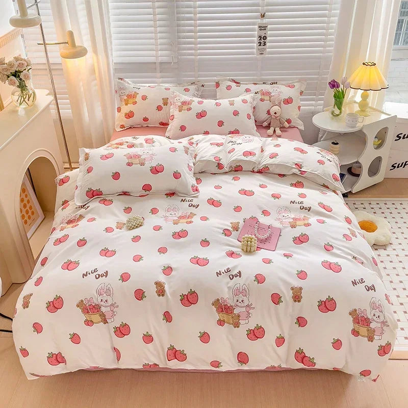Cute Bunny Kids Bedding Set – Cartoon Printed Polyester Duvet Cover, Flat Sheet & Pillowcases, Breathable Queen & King Bed Set
