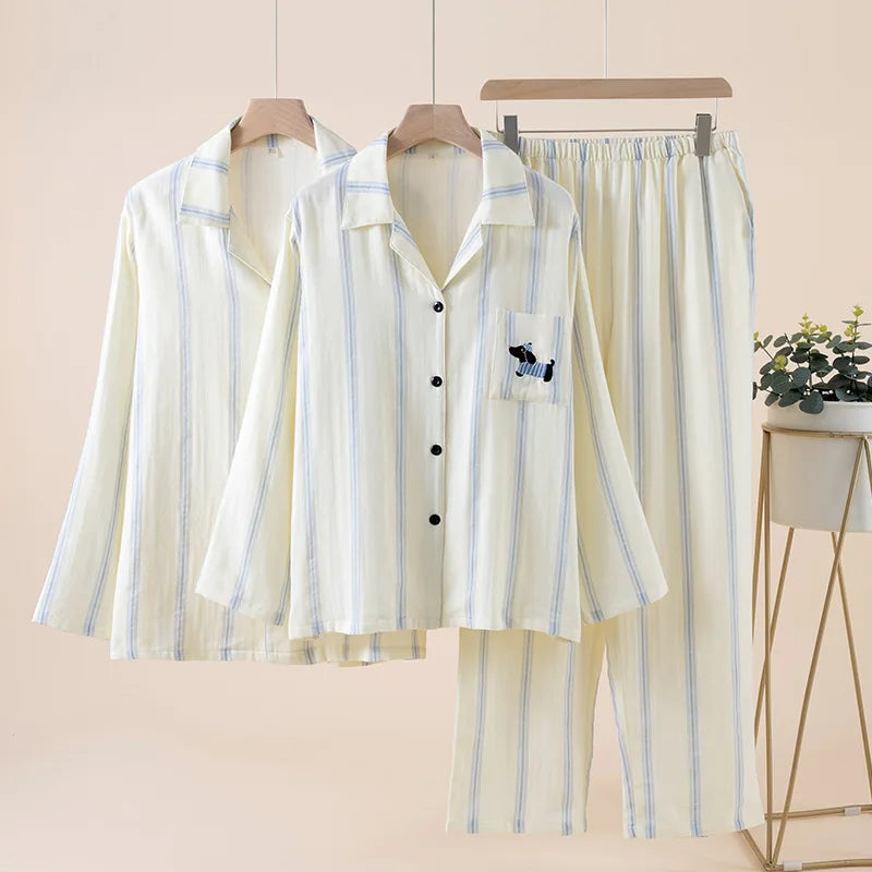 Cute Dog Embroidery Couple Pajamas Set 100% Cotton Striped Sleepwear for Lovers Matching Button Down Loungewear Japanese Style