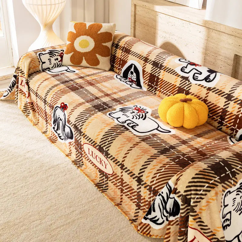 Cute Cartoon Sofa Cover for Fall & Winter, Thickened 100% Polyester Sofa Throw Blanket with Anti-Slip Design, Soft Couch Cover for Loveseat, Recliner, Futon & Modular Sofa