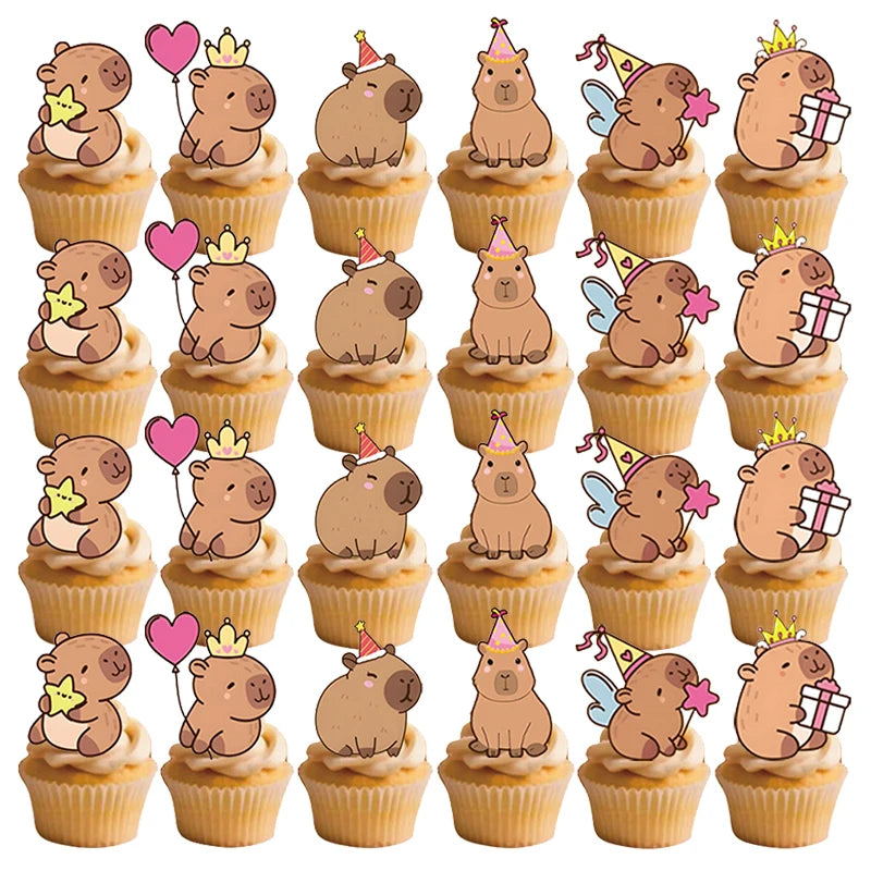 Cute Capybara Cake Toppers – Cartoon Animal Paper Cupcake Decorations for Kids’ Birthday, Baby Shower & Party