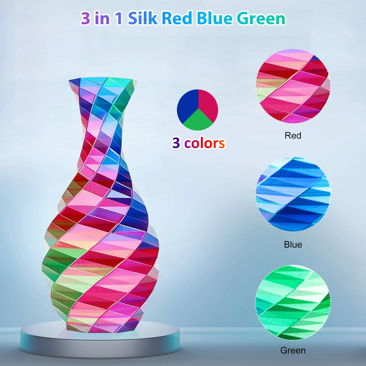 Tricolor Silk PLA 3D Printer Filament 1.75mm – Red, Blue & Green Multicolor FDM Filament, 250g