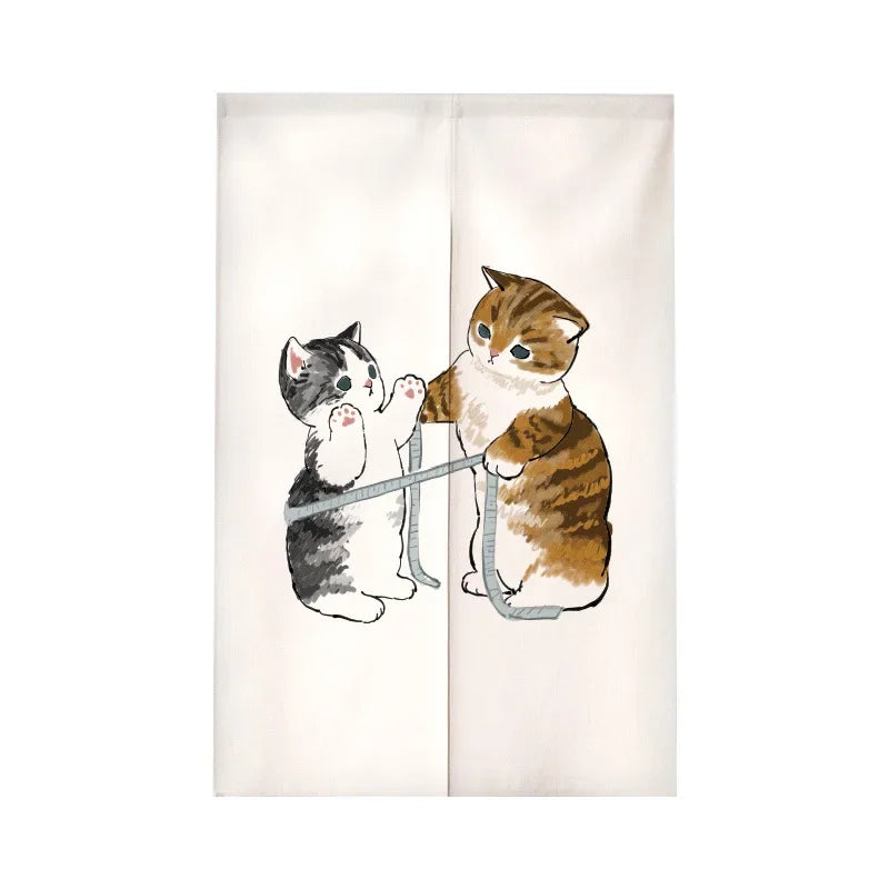 Funny Cat Japanese Noren Door Curtain, Cute Cartoon Hanging Half Curtain for Kitchen, Living Room & Restaurant, Polyester Room Divider for Doorway & Entrance Decor