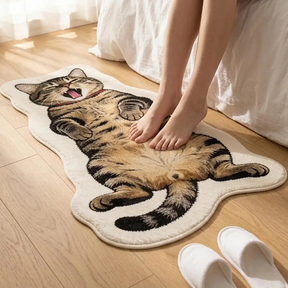 Cute Cat Shaped Rug 40×60cm, Soft Plush Acrylic Floor Mat with Suede Backing, Irregular Animal Carpet for Bedroom, Bathroom, Living Room & Cat Lovers