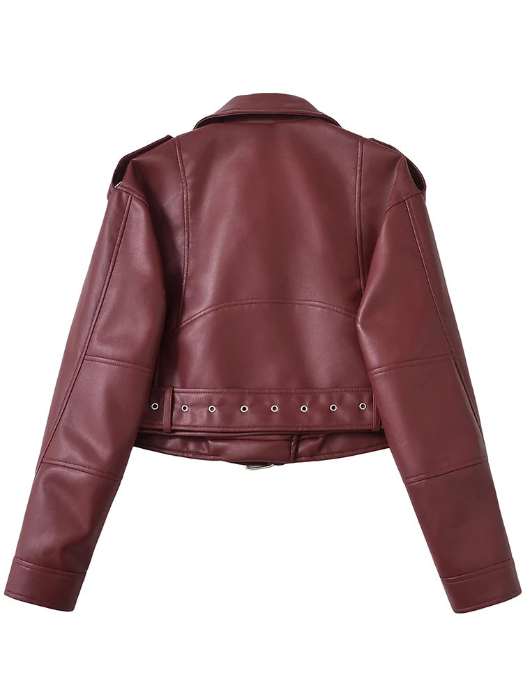 Women's Cropped Burgundy Faux Leather Moto Jacket - Belted PU Leather Biker Jacket