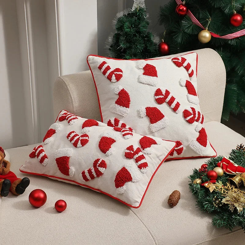 Christmas Tufted Cushion Cover 45×45cm, Red & White 3D Candy Cane & Santa Hat Embroidered Pillowcase, Festive Holiday Throw Pillow Cover for Sofa, Chair, Car & Home Decor
