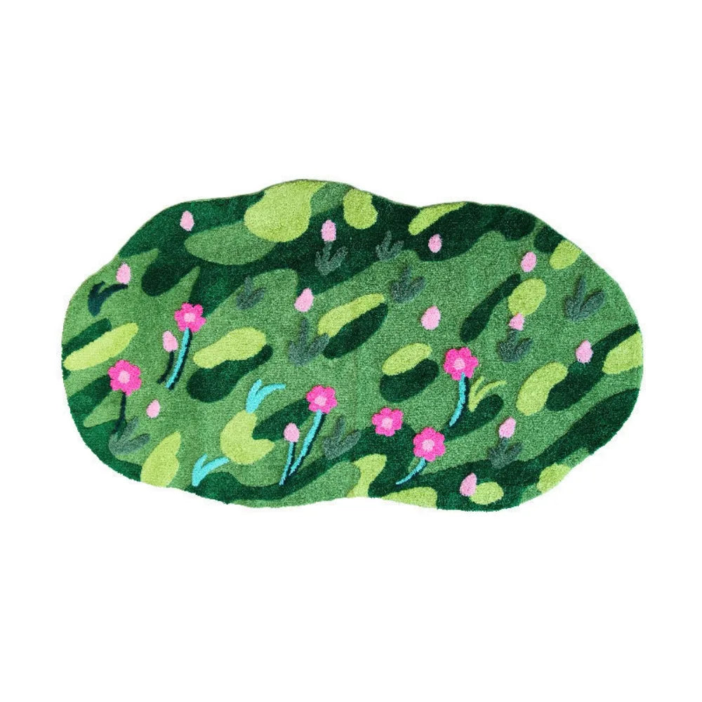 Irregular Green Moss Rug 50×100cm, Soft Imitation Cashmere-Style Polyester Carpet with Suede Backing, Geometric Flower Pattern Area Rug for Sofa, Bedroom & Home Decor