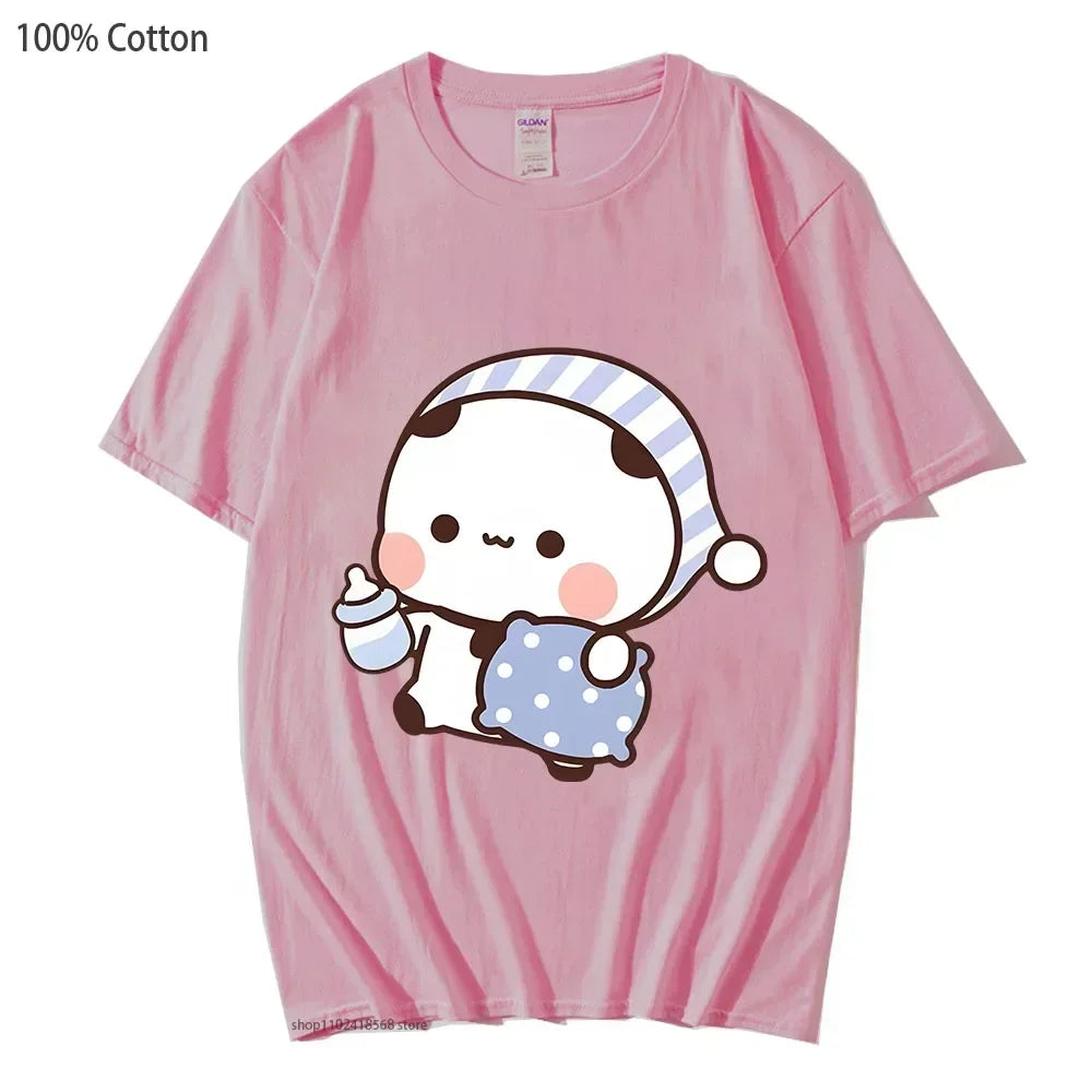 Couple Shirts Kawaii Cute BuBu Panda Going To Sleep with DuDu Bear Graphic Tshirt Cotton Men Women Clothes Long Sleeve Tees