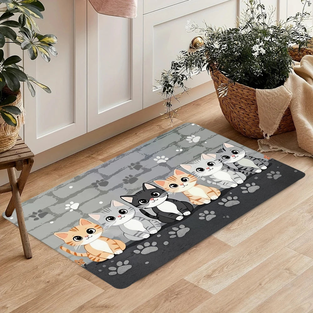 Cute Cartoon Cat Doormat 30×50cm & 40×60cm, Soft Polyester Flannel Rug with Anti-Slip Backing, Persian-Style Floor Mat for Living Room, Bedroom, Bathroom & Entryway