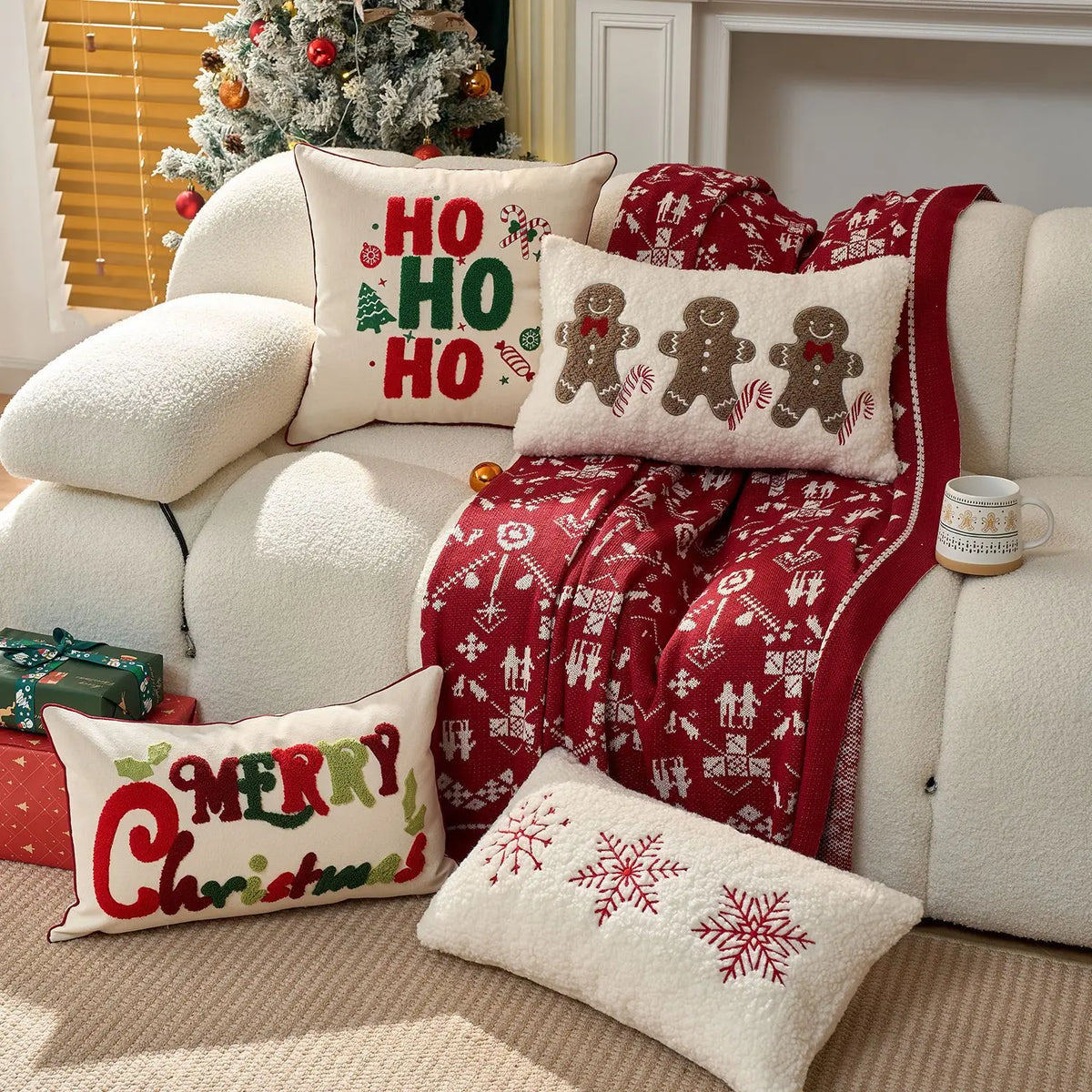 Christmas Embroidered Cushion Cover, Red “HO HO HO” Snowflake & Gingerbread Man Pillowcase, Festive Holiday Throw Pillow Cover for Sofa, Chair & Home Decor