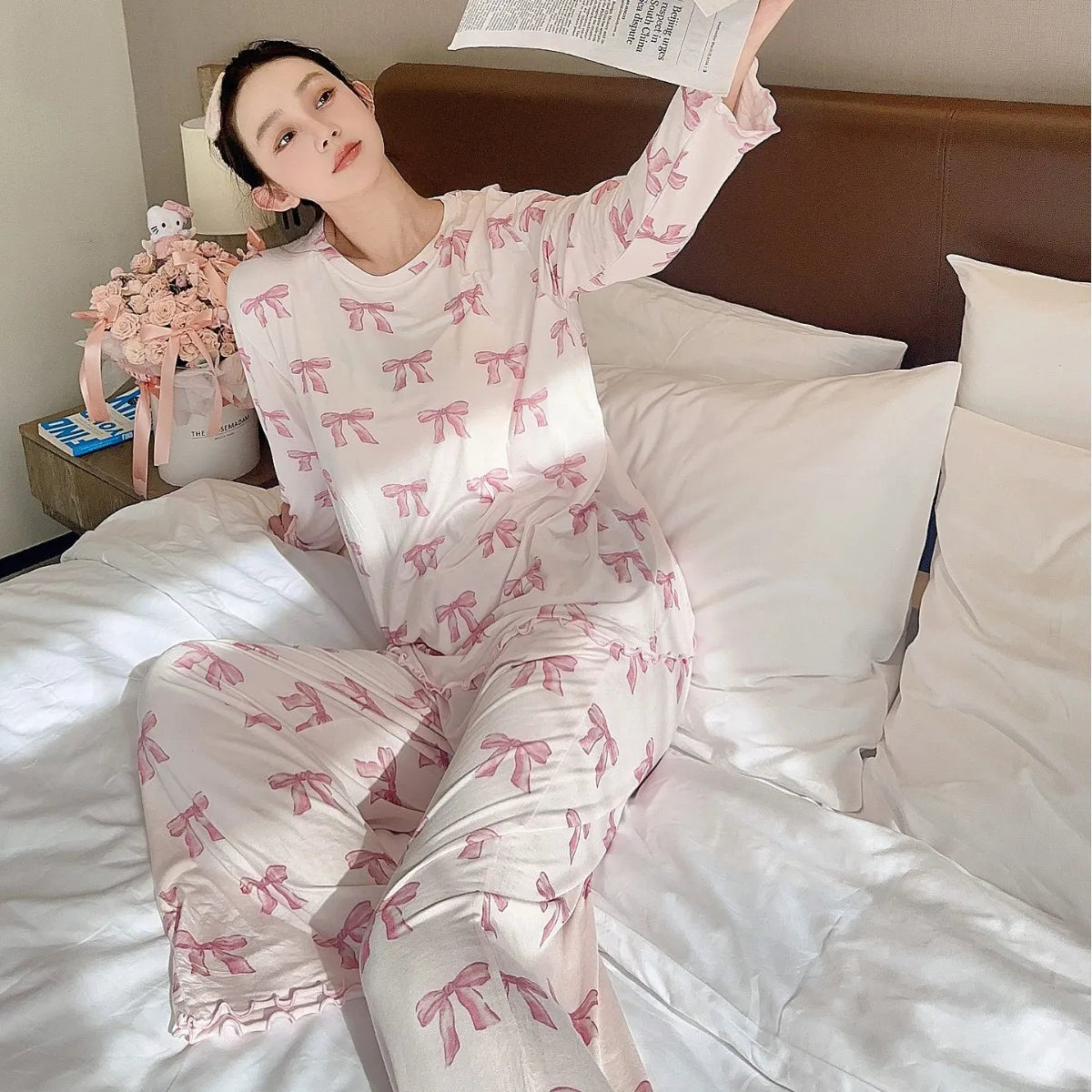 ComfortableJapanese Style Pajamas Soft Modal Sleepwear Long Sleeve/Straps Pants Home Clothes Suit Sweet Bow Print Loungewear