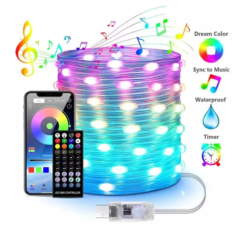 Outdoor Christmas Fairy Lights, IP65 Waterproof RGB LED String Lights with Bluetooth App Control, 210 Lighting Modes, USB 5V Garden, Tree, Patio & Party Decor
