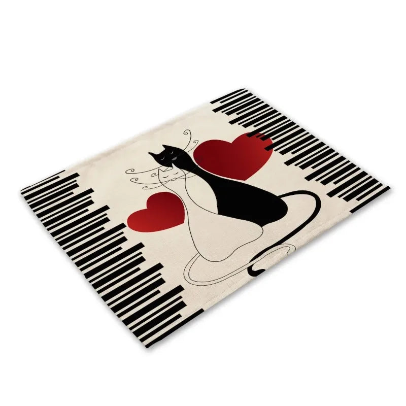 Cute Black Cat Linen Placemat – Western-Style Rectangular Table Mat, Heat-Resistant Dining Table Decor for Kitchen & Home