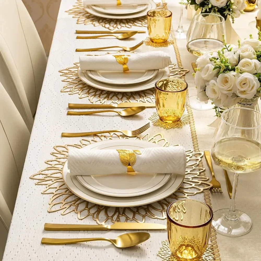 Set of 6 Round PVC Placemats – Wipeable Heat-Resistant Hollow Leaf & Flower Table Mats for Christmas, Thanksgiving, Weddings & Home Dining