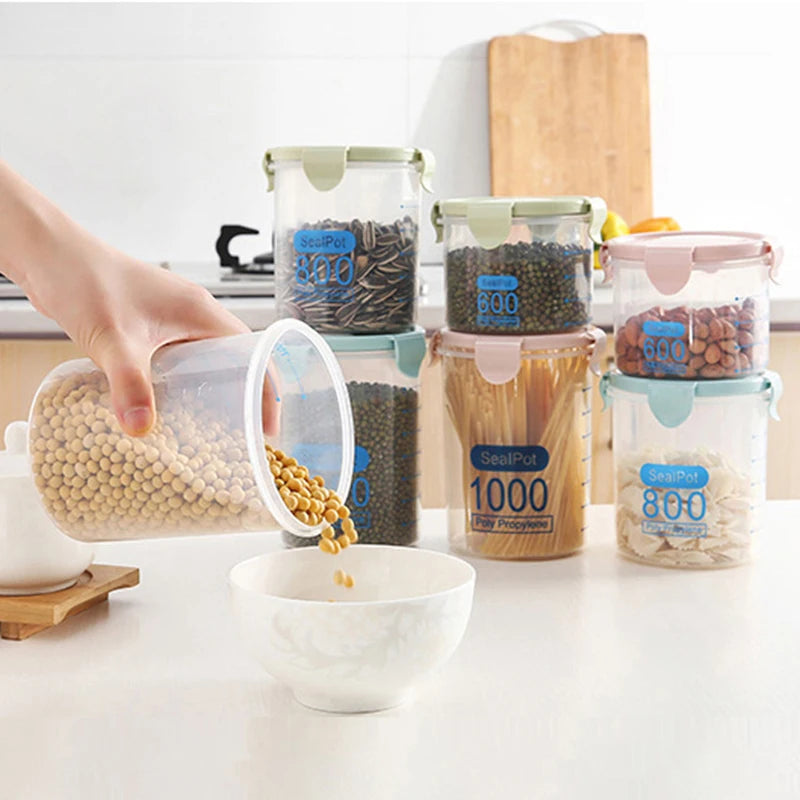Kitchen Food Storage Canisters With Scale Multigrain Organizer Sealed Jar Plastic Moisture-Proof Can Air-Tight Storage Tank Set