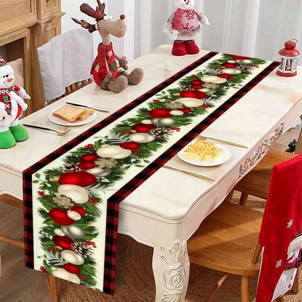 Christmas Table Runner 35×180cm, Red & Black Buffalo Plaid with Pine Cone, Berry, Pine Leaf & Christmas Ball Design, Polyester Holiday Table Decor