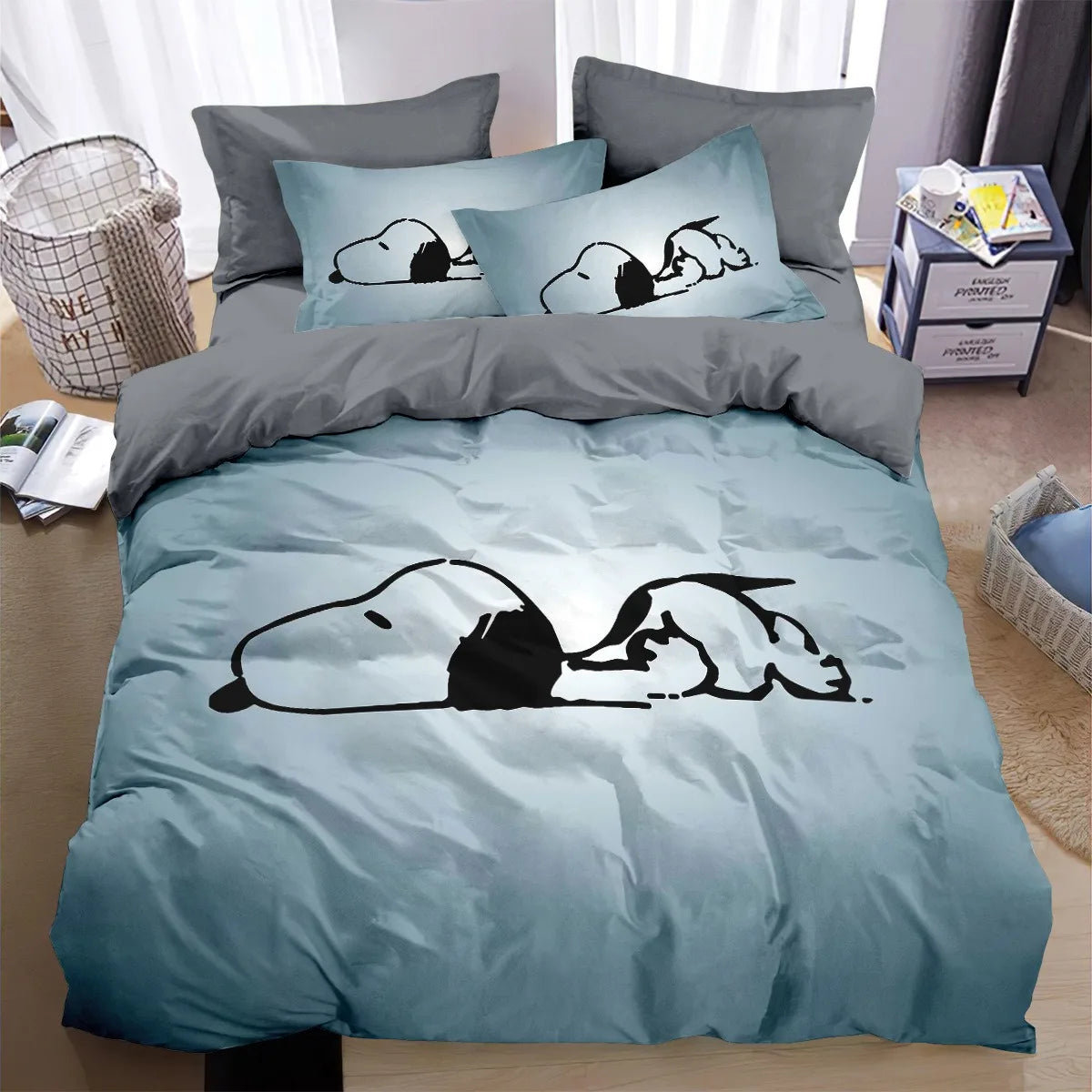 Classic Beagle Cartoon Duvet Cover Set – Black & White Comic Dog Bedding with Pillowcases, Cute Vintage Bedroom Decor & Gift