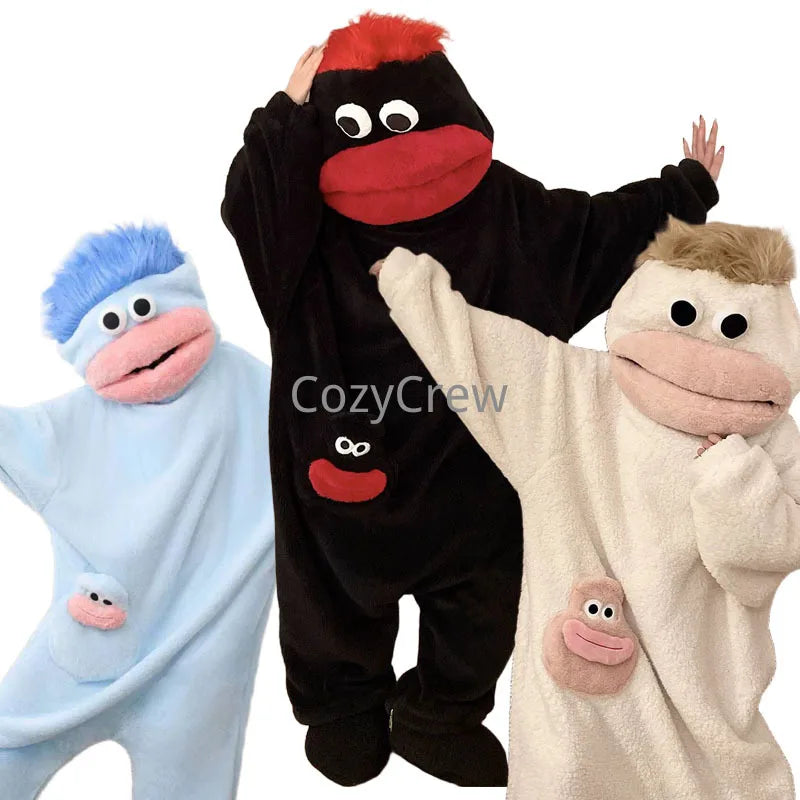 Funny Cute Wide Mouth Fish Cartoon Onesie Pajamas Thick Coral Fleece Couple Homewear Men Women Autumn Warm Loose Sleep Costume