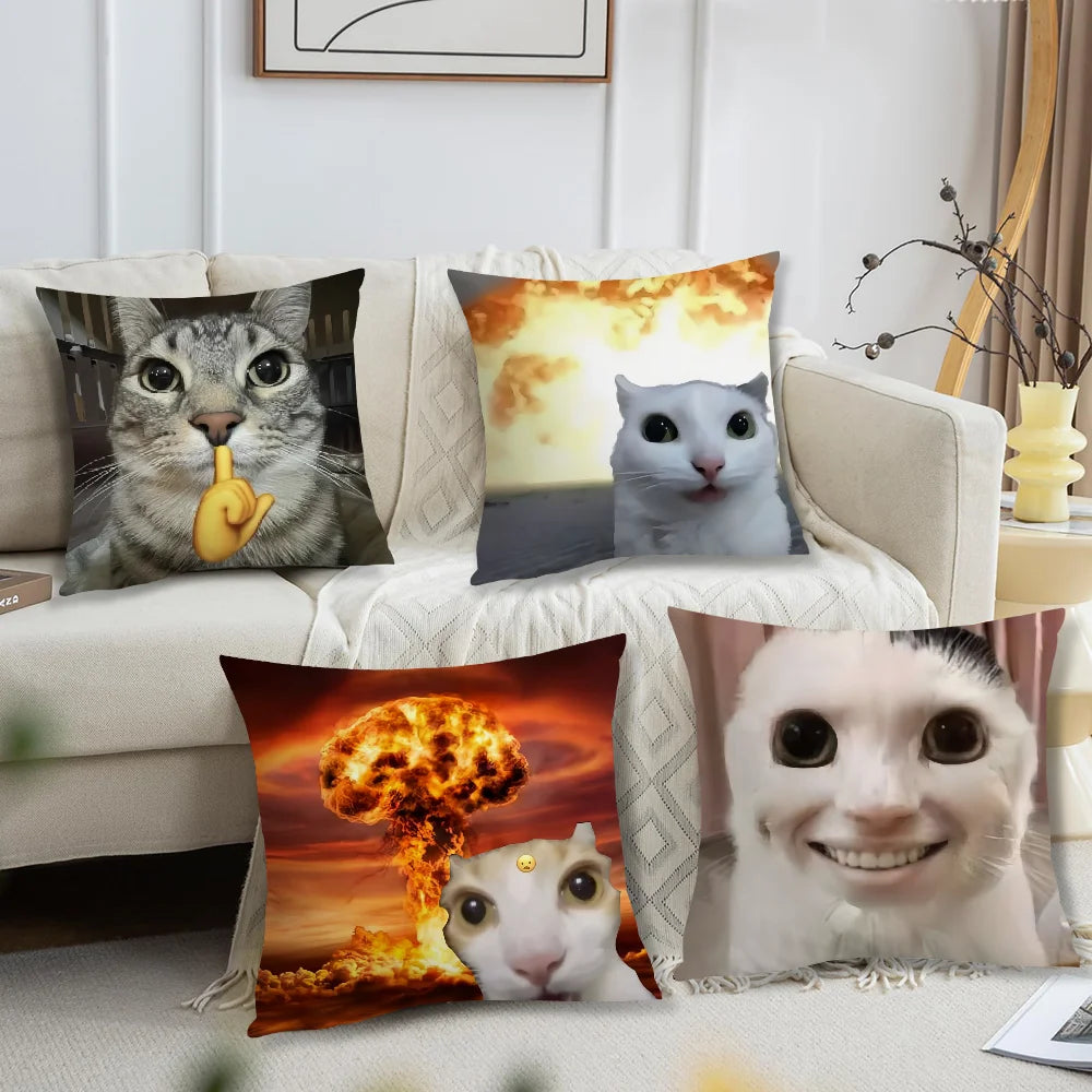 Funny Cat Meme Cushion Cover, Double-Sided Printed 100% Polyester Pillowcase, Cute Square Decorative Throw Pillow Cover for Sofa, Living Room, Office, Car & Home Decor