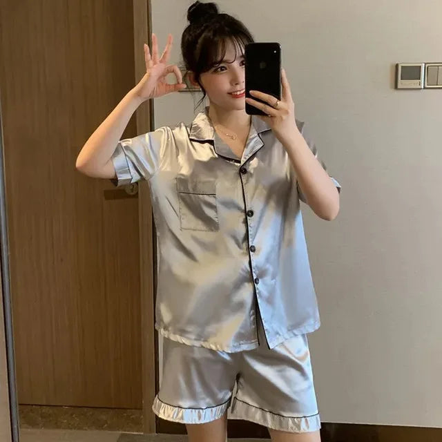 Solid Color Sleepwear Silk Satin Pajamas Couple Set Short-sleeved Pyjamas Suit Pijama Women Men Loungewear Plus Size Pj Set