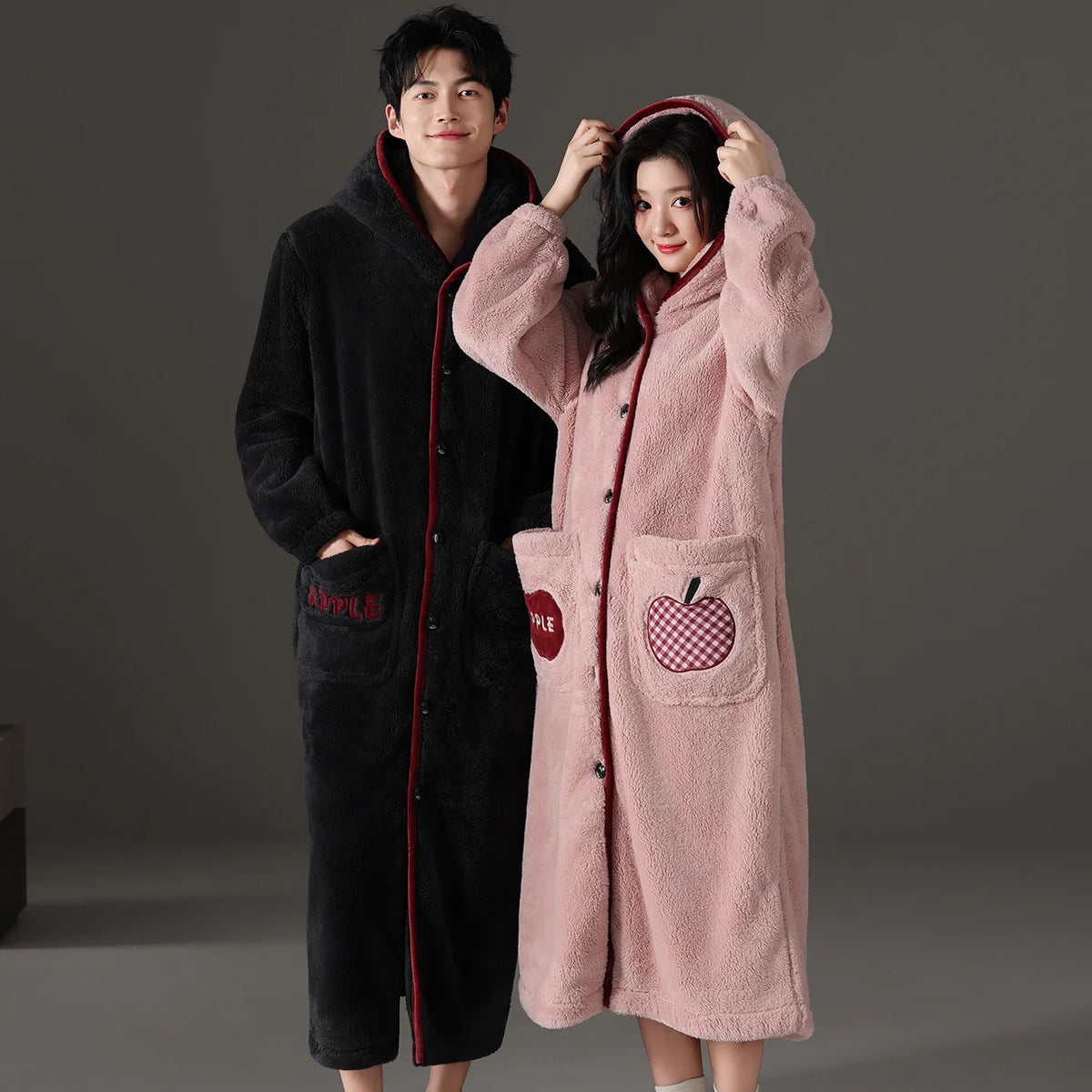 Couple Hooded Coral Fleece Pajama Set Thick Warm Sleepwear Female and Male Soft Coral Velvet Robe