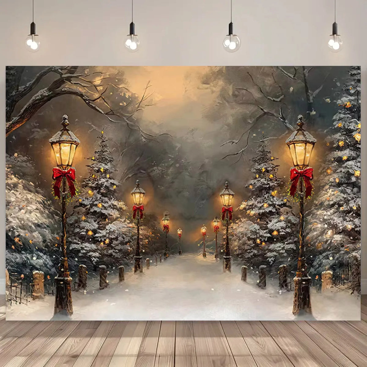 Winter Christmas Scene Backdrop Cloth, Snowy Path & Streetlight Holiday Background, Festive Winter Wonderland Party Backdrop for Christmas, Wedding, Birthday & Events