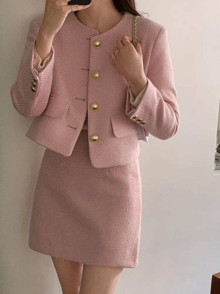 New Korean Fashion Tweed Two Piece Set For Women Autumn Winter Elegant