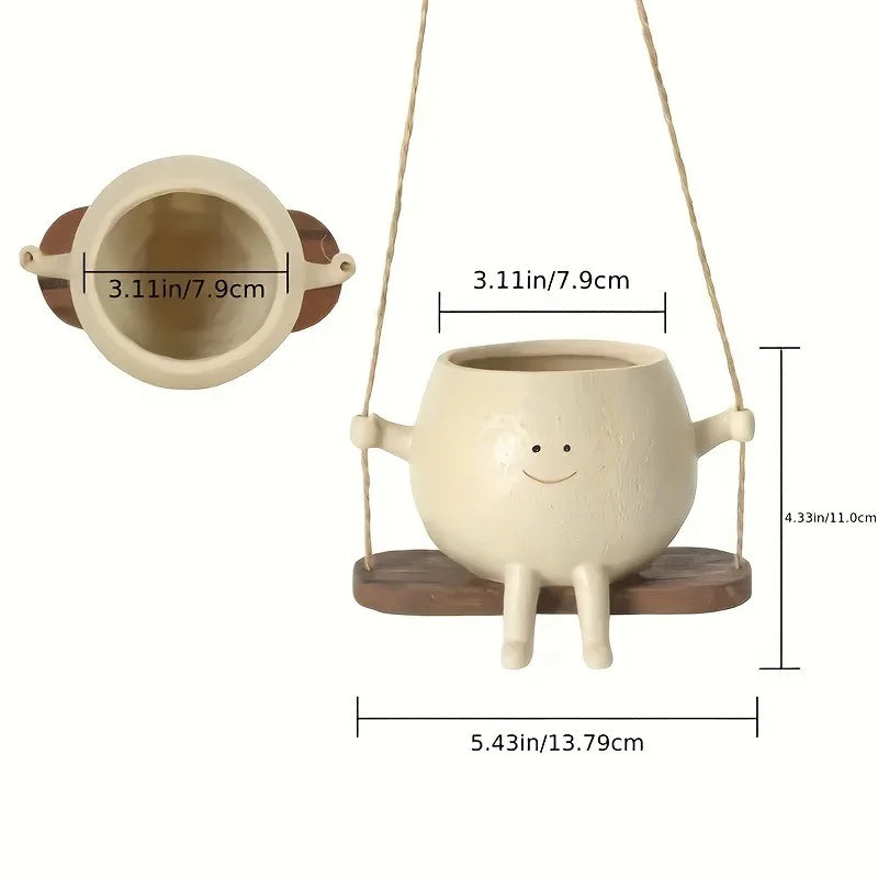Hanging Resin Planter Pot, Rustic Smiling Face Succulent Plant Holder with Swing Base, Round Vintage Decorative Planter for Indoor & Outdoor Garden, Home & Patio Decor
