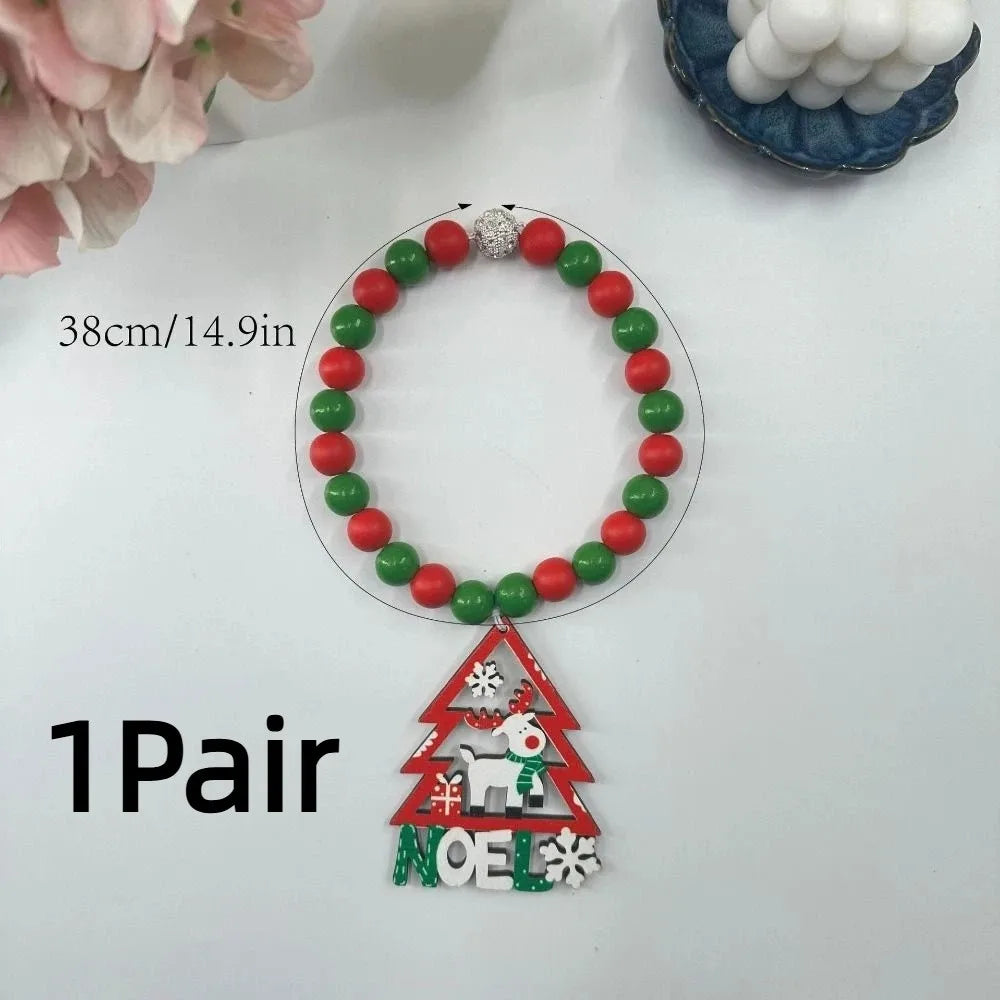 Christmas Curtain Tiebacks 38cm, Boho Wooden Bead Curtain Holdbacks with Alloy Accents, Reusable No-Drill Curtain Ties in Red & Green for Holiday Home Decor