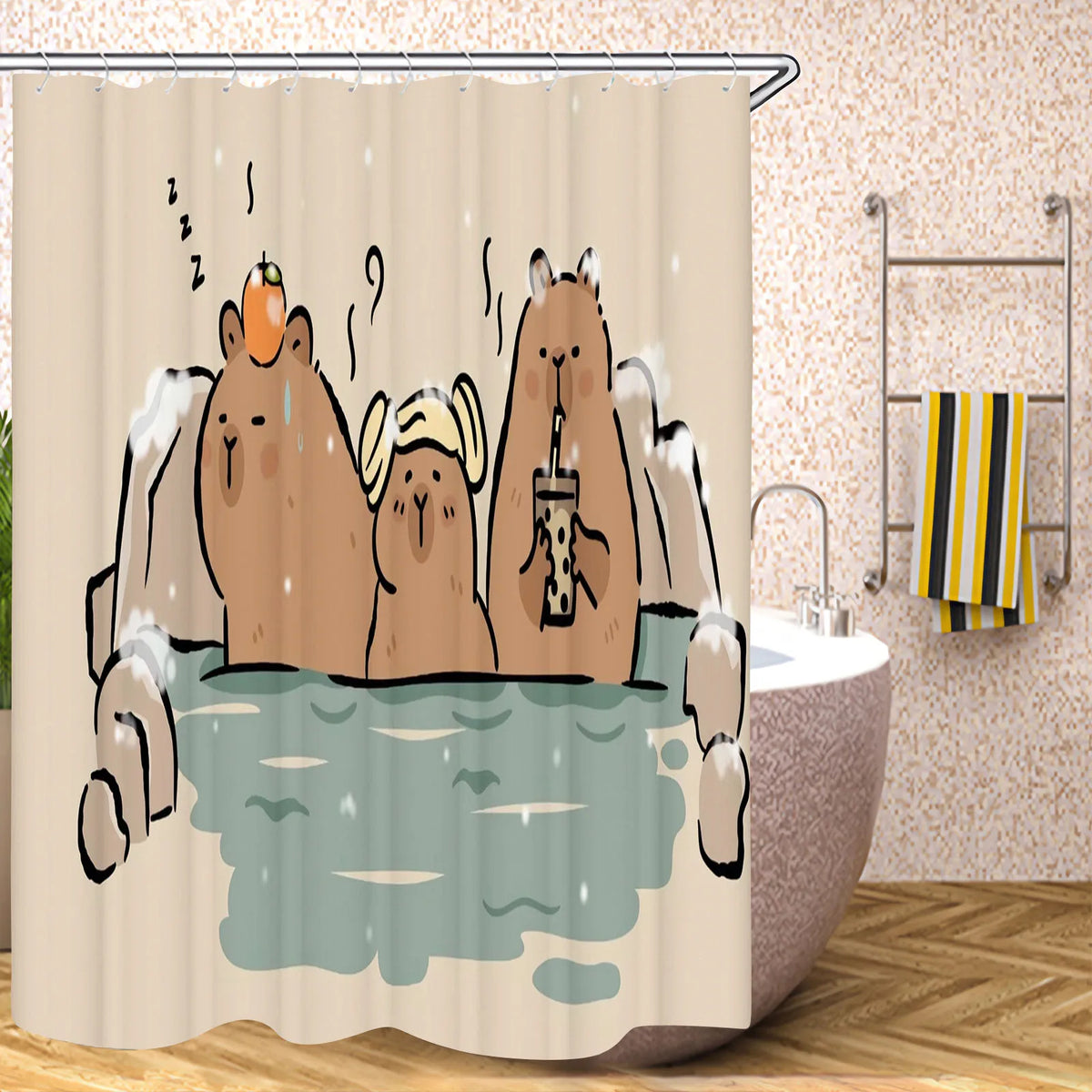 Cute Capybara Shower Curtain, Funny Cartoon Waterproof Bathroom Curtain with Plastic Hooks, 100% Polyester Mildew-Resistant Curtain for Modern Bathroom Decor