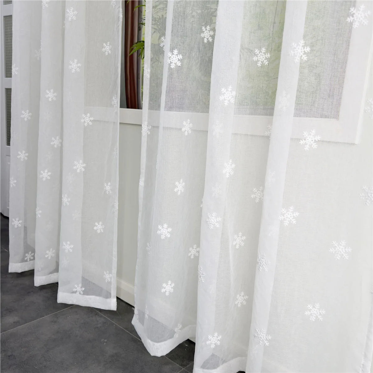 Christmas Snowflake Embroidered Tulle Curtain, White Romantic Imitation Linen Sheer Window Drapes, Elegant Translucent Curtain for Living Room, Bedroom & Holiday Decor