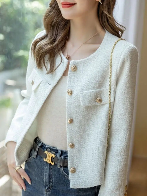 French Wool Tweed Coat Fashion High-end Gold Button Short Slim