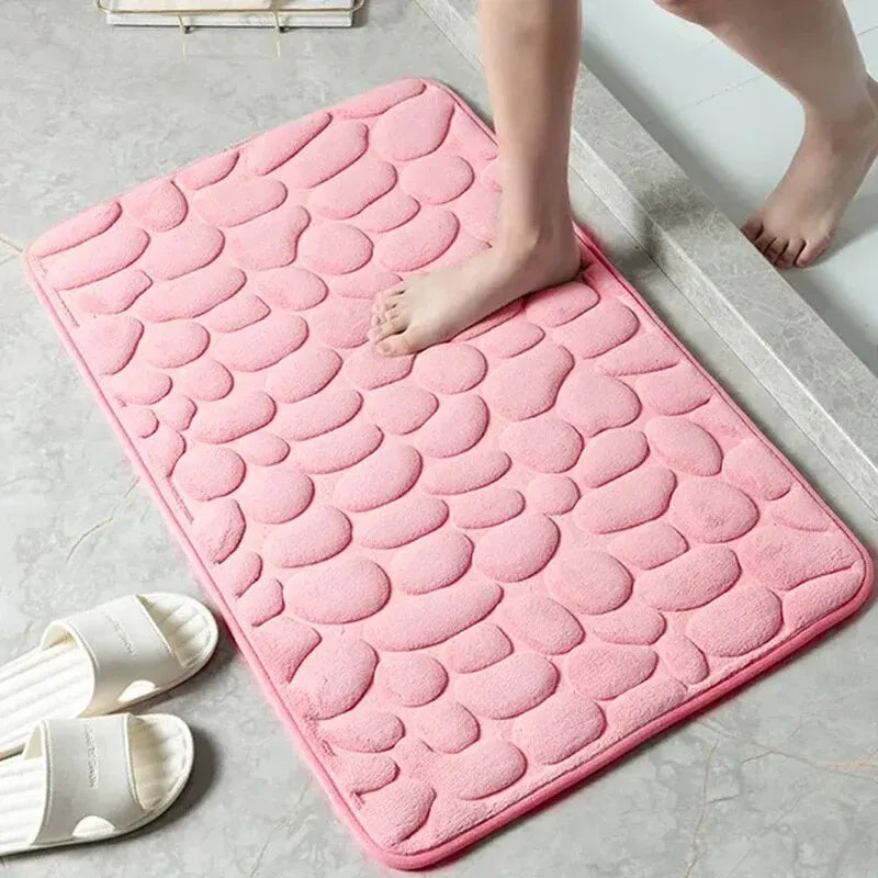 Embossed Memory Foam Bathroom Rug, Pebble Cobblestone Microfiber Floor Mat, Soft Anti-Slip Carpet for Bathroom, Living Room, Bedroom & Home Decor