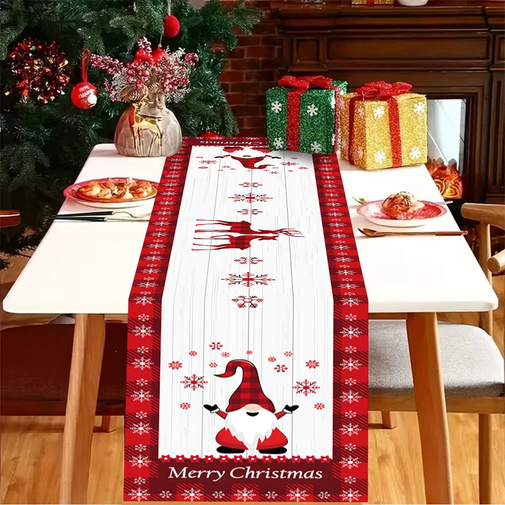 Christmas Table Runner, Buffalo Plaid Gnome Reindeer & Snowflake Holiday Table Decor, Merry Christmas Polyester Runner for Dining Table, Party & Home