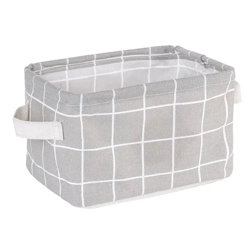 Collapsible Fabric Storage Basket Grid Pattern 20×16×14 cm Foldable Organizer Bin with Handle for Home Office Desk Drawer Closet