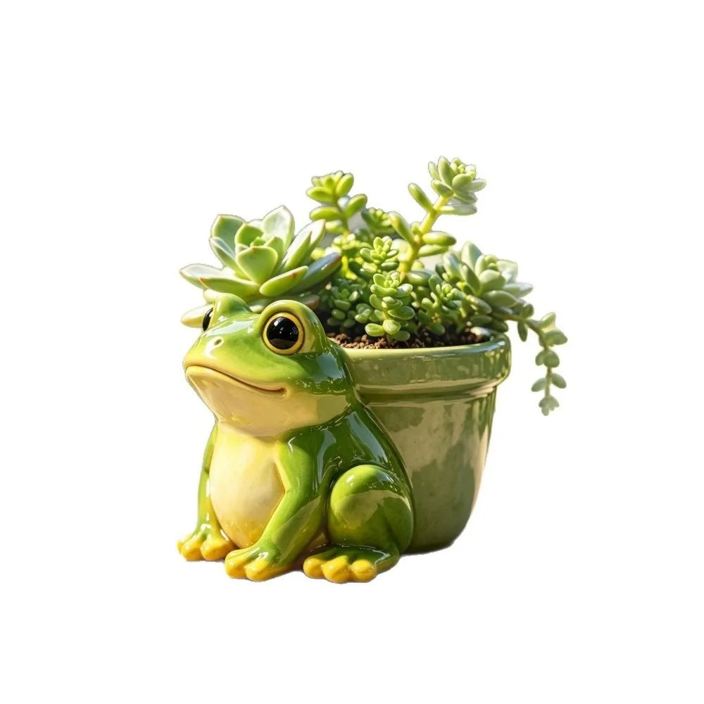 Cute Frog Resin Flower Pot, Funny Animal Succulent Planter & Decorative Sculpture, Small Green Plant Holder and Pencil Holder for Garden, Balcony, Terrace, Home & Office