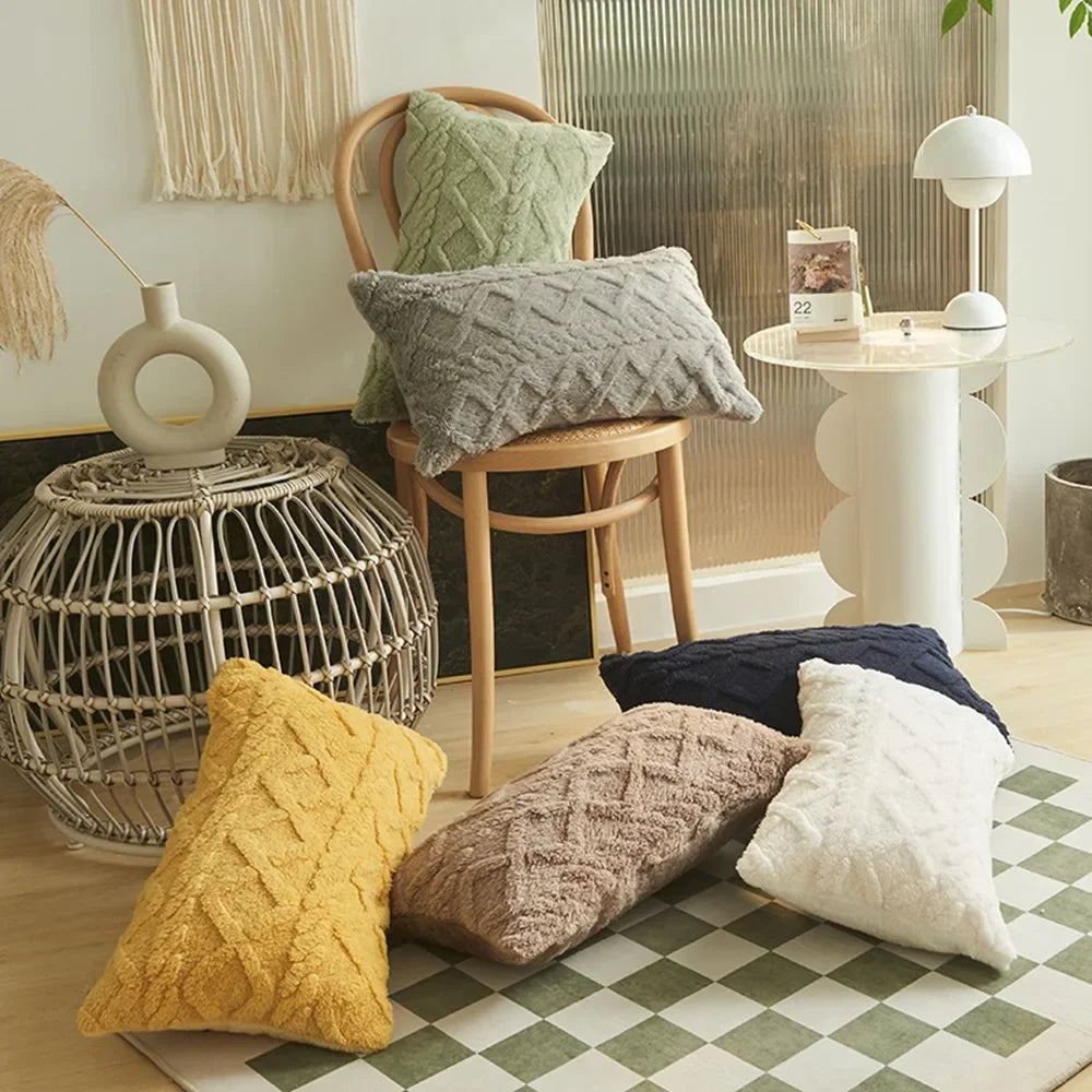 Plush Cushion Cover 45×45cm, Solid Nordic Decorative Pillowcase, Soft Geometric-Style Throw Pillow Cover for Sofa, Living Room, Bedroom, Chair & Home Decor