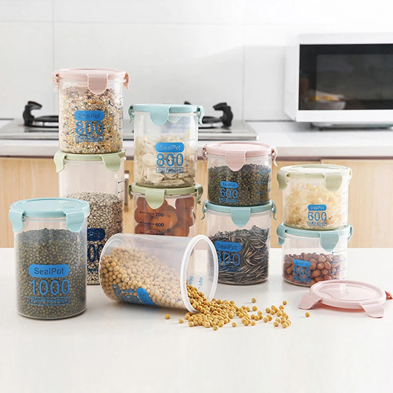 Kitchen Food Storage Canisters With Scale Multigrain Organizer Sealed Jar Plastic Moisture-Proof Can Air-Tight Storage Tank Set
