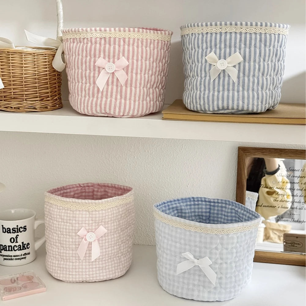 Cute Quilted Fabric Storage Basket – Foldable Round Desktop Organizer | Boho Home Decor
