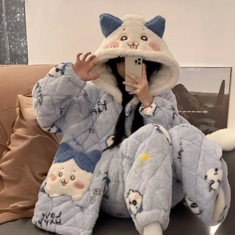 Anime chiikawa autumn and winter girls' pajamas cartoon hachiware cotton and plush thick warm hooded coral fleece home clothes