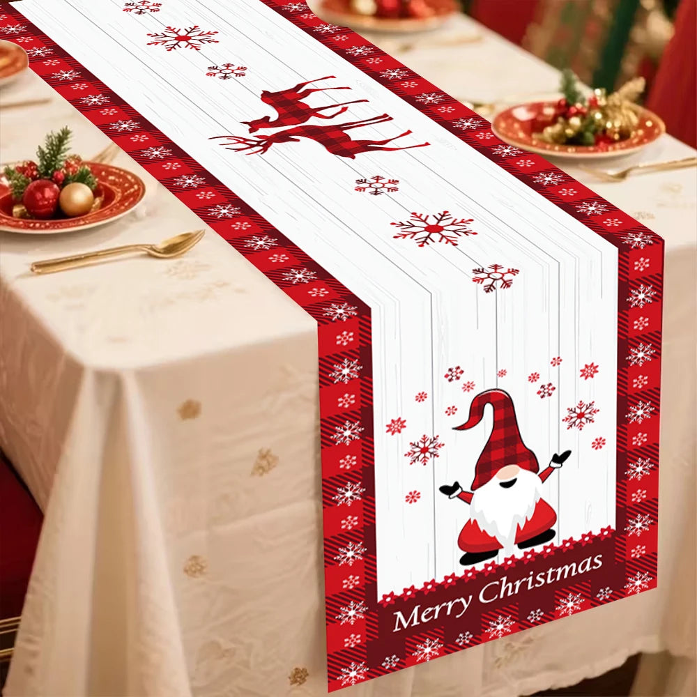 Christmas Table Runner, Buffalo Plaid Gnome Reindeer & Snowflake Holiday Table Decor, Merry Christmas Polyester Runner for Dining Table, Party & Home