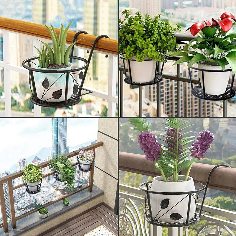 Balcony Iron Hanging Flower Rack, Metal Railing Plant Pot Holder for Succulents & Pothos, Space-Saving Hanging Plant Display Stand for Home, Garden & Indoor Decor