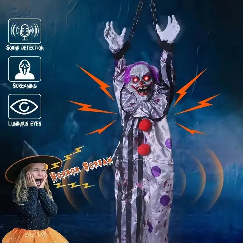 New Halloween Horror Home Decoration Hanging Clown Voice Control Electric Hanging Ghost Outdoor Garden Scary Haunted House Props