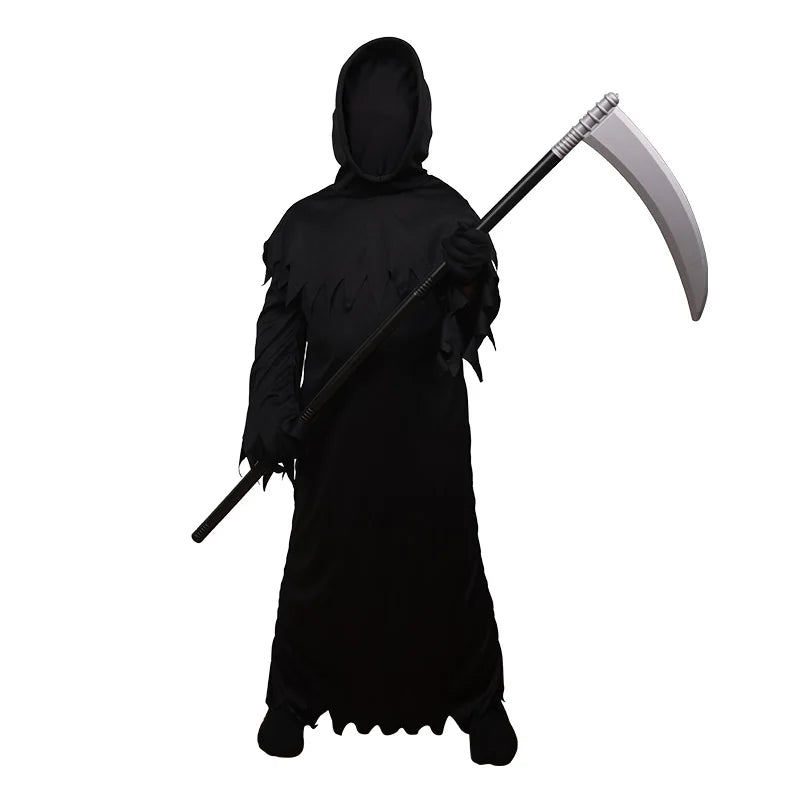 Halloween Grim Reaper Horror Costume Black Hooded Cloak Style Eerie Ghost Robe Costume Red Eye Flashing Role-Playing Set