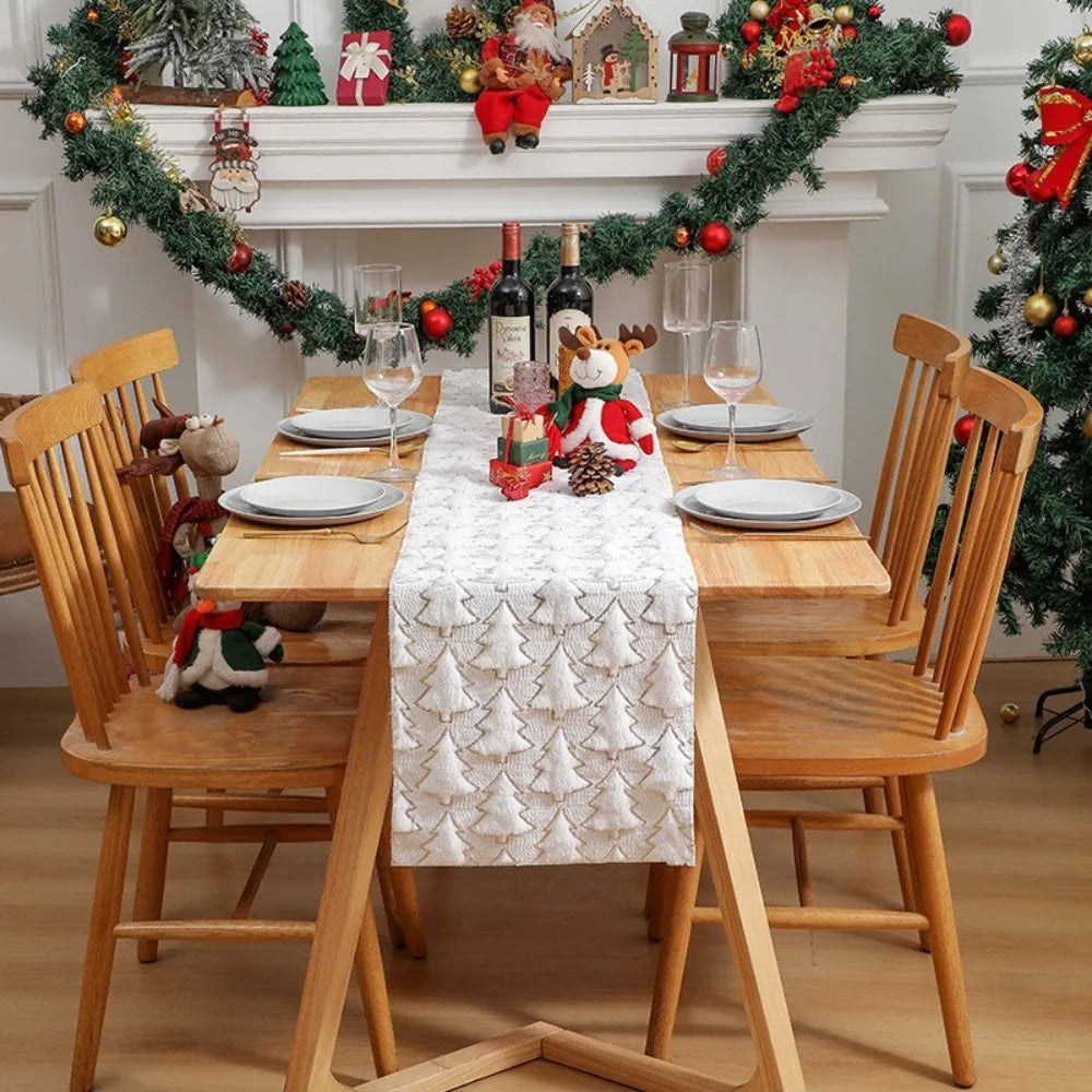 Christmas Tree Table Runner 33×183cm – Plush Embroidered & Embossed Table Cover for Dining Table, Holiday & Festive Home Decor
