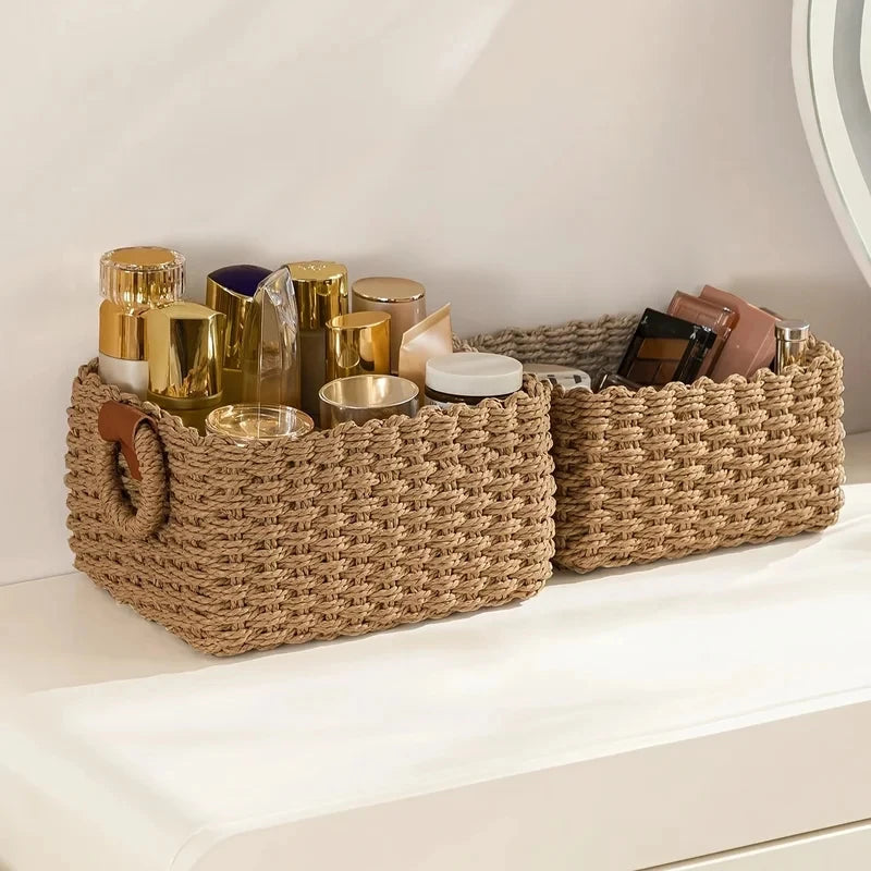 1 Woven Storage Basket with Handles – Paper Rope Organizer for Crafts, Decorative Storage Bin Small Woven Basket for Organizing