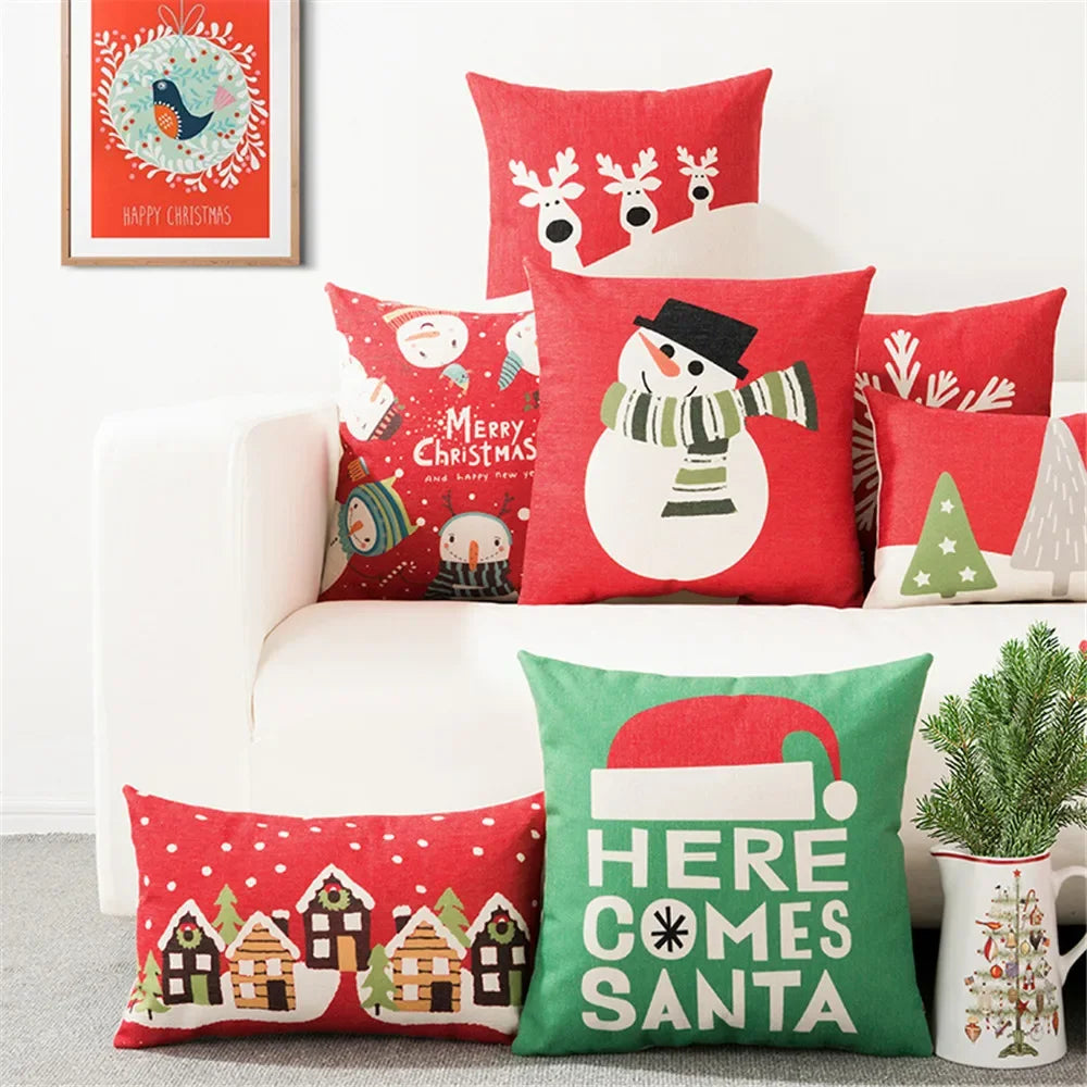 Christmas Pillow Cover 45×45cm & 30×50cm, Merry Christmas Snowman Snowflake Deer Cushion Cover, Beige Cartoon Holiday Decor for Sofa, Bed, Chair & Home