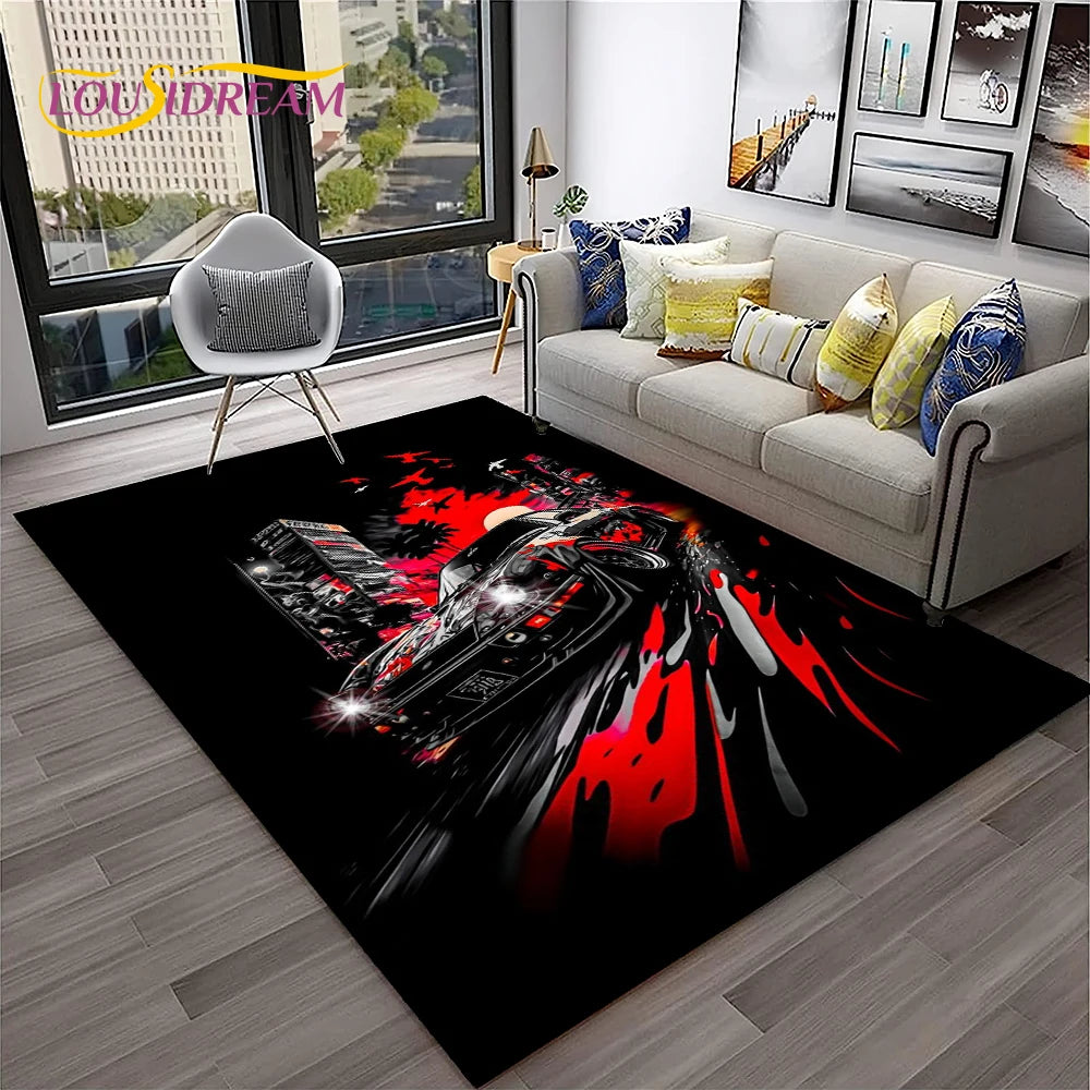 Sports Car Racing Rug, 3D Printed Cartoon Polyester Crystal Velvet Carpet with Non-Woven Backing, Kids Playroom Floor Mat for Bedroom, Living Room & Home Decor