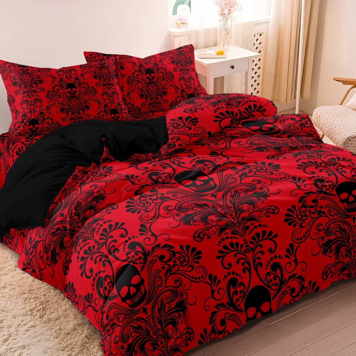 Gothic Skull Duvet Cover Set – 3-Piece Printed Bedding with Pillowcases, Dark Alternative Bedroom Decor for Adults