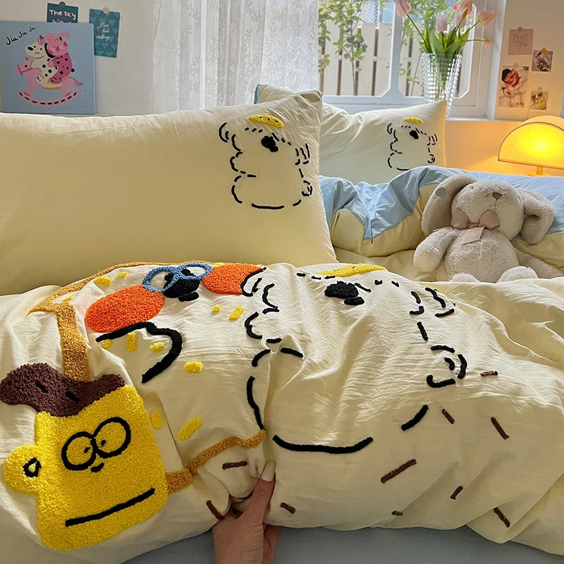 Cute Cartoon Animal Embroidery Bedding Set – 4-Piece Washed Polyester Jacquard Duvet Cover, Flat or Fitted Sheet & Pillowcases